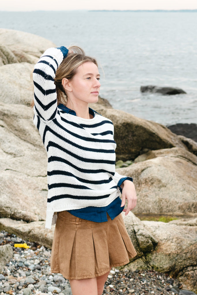 white and navy striped sweater 